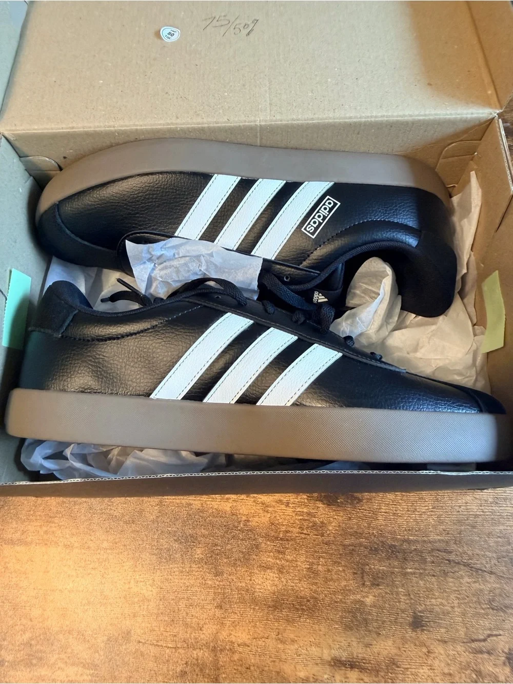 adidas Black Sneakers with White Stripes and Brown Sole
